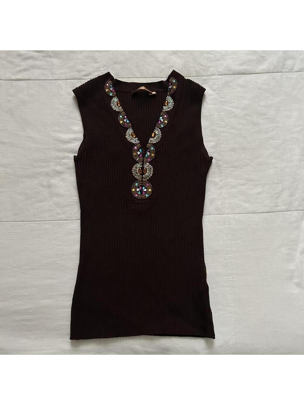 Belldini Brown beaded sequin knit zip front top with a boho vibe Size large